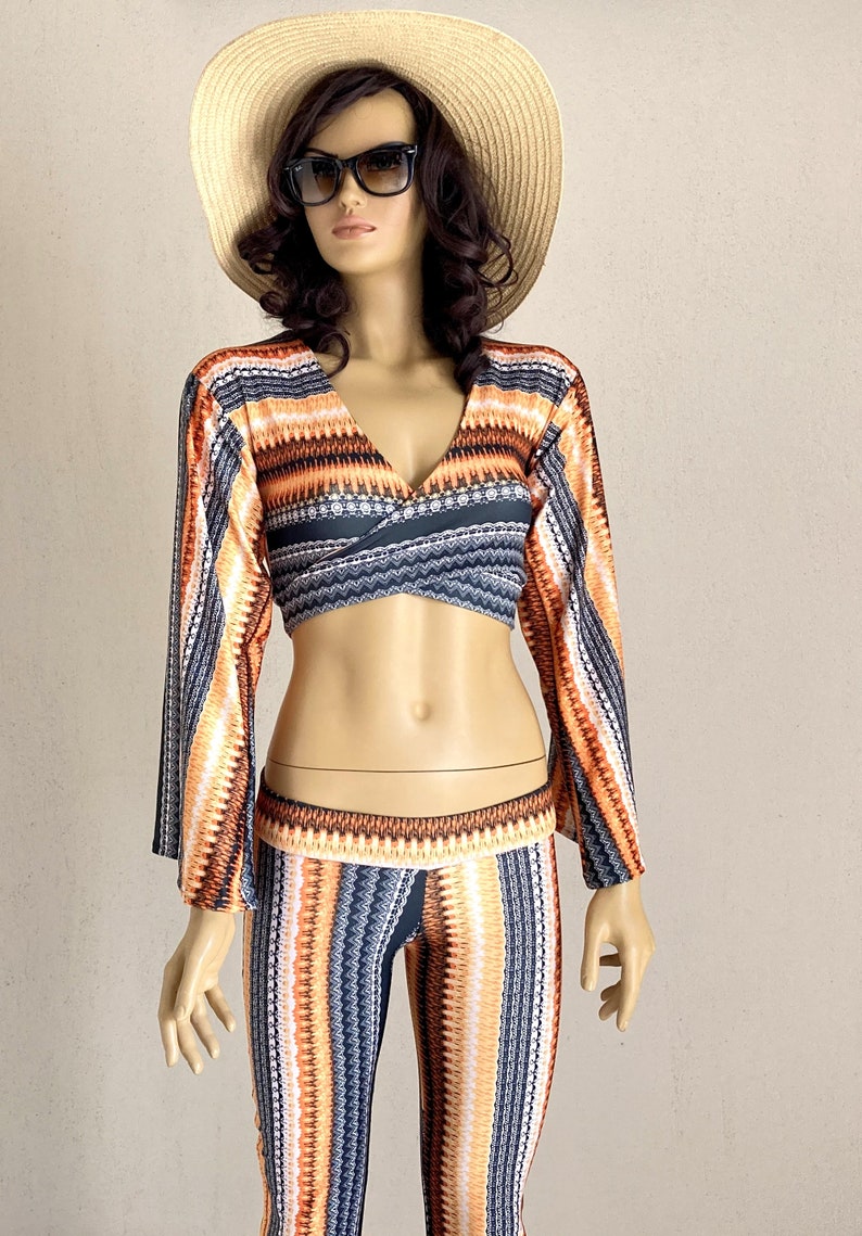 Orange boho stripe bell bottoms women,Flare,Boho,Women leggings,70's,Festival,Plus size,High waisted,Fall trend,Fall outfit,Back to school image 10