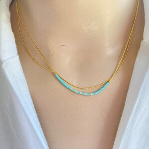 Minimalist Beaded Thin Necklace,Gold Tiny Delicate Necklace,Dainty Double Necklace,Minimal Boho Necklace,Turquoise Tiny Layered Necklace