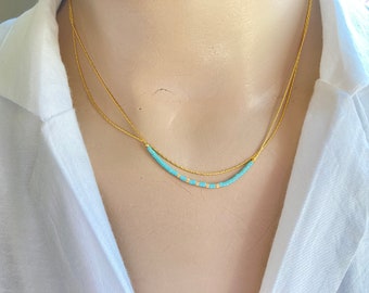 Minimalist Beaded Thin Necklace,Gold Tiny Delicate Necklace,Dainty Double Necklace,Minimal Boho Necklace,Turquoise Tiny Layered Necklace