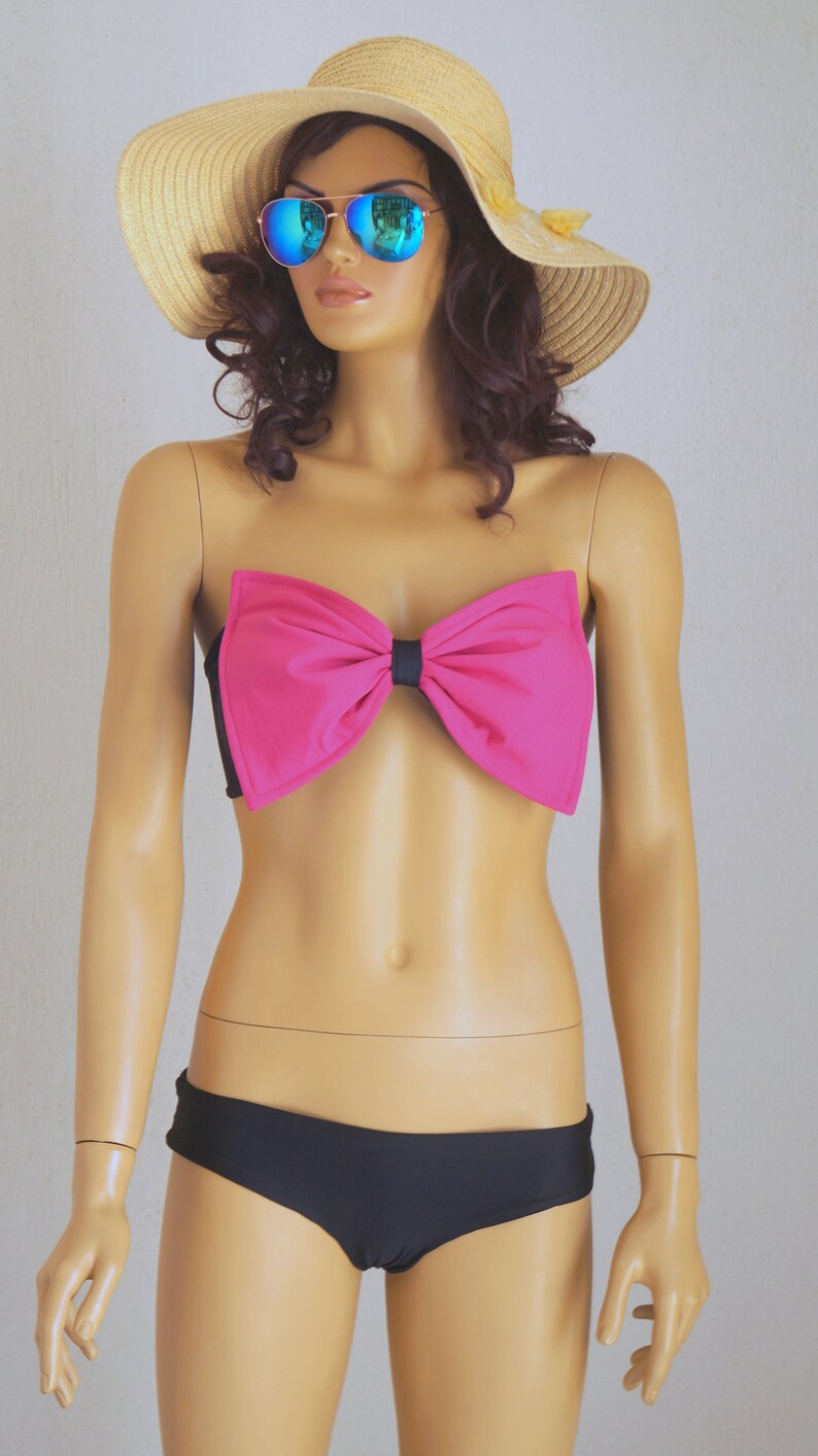 Bow Bikiniblack Hot Pink Bow Bandeaucheeky Bottomsswimsuits Etsy