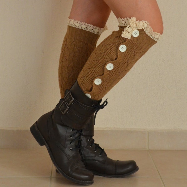 Chauffe-jambes femmes/Chauffe-jambes bruns Cafee/Chaussettes de bottes en dentelle tricotée/Chaussettes hautes pour les genoux/Housses de bottes/Chauffe-chaussures/Chauffe-jambes Slouchy/XS-S-M-L-XL