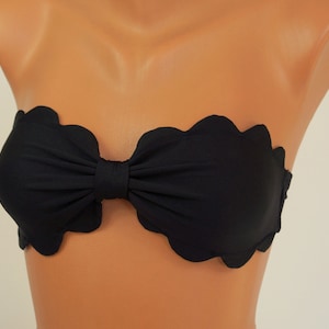 Black scalloped tie back bikini top,Bathing suits,Swimwear,Swimsuits,Plus size,Padded,Bra