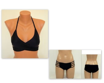 Black wrap bikini top full coverage boy short bottoms//Plus size//Swimwear//Bathing suit//Swimsuit//Sexy