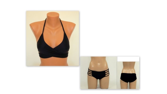 Black Wrap Bikini Top Full Coverage Boy Short Bottoms//plus Size