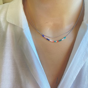 Silver Minimalist Colorful Double Necklace,Thin Delicate Dainty Necklace,Minimal Boho Layering Necklace,Rainbow Tiny beads Necklace