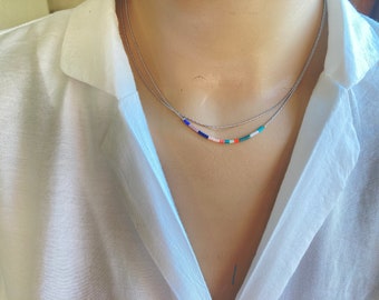 Silver Minimalist Colorful Double Necklace,Thin Delicate Dainty Necklace,Minimal Boho Layering Necklace,Rainbow Tiny beads Necklace