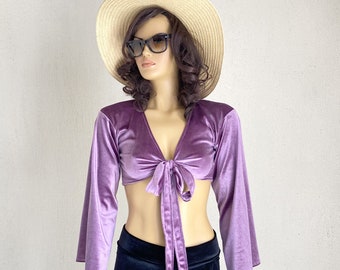 Lilac velvet crop top,70s party costume,Wrap top,Front Tie Bell Sleeves Top,Velvet Festival Wear,Plus size clothing