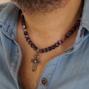 Cross amethyst mens beaded necklace,Spritual,Gifts