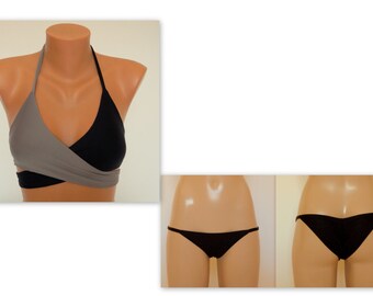 Wrap around bikini women/Gray and black top and scrunch butt bottoms/Plus size swimsuit/Gift/Bathing suit/Swimwear women/Padded bikinis