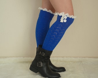 Royal Blue Stylish Knit Lace Leg Warmers for Women-Chich Winter Fashion-Birthday Gift-Christmas Gift-Plus Size-Fit for 12-25" Calves