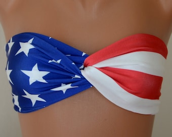 American flag bandeau/American flag twisted bandeau bikini top/4th July/Swimwear women/Swimsuits/Bathing suits plus size/Festival top