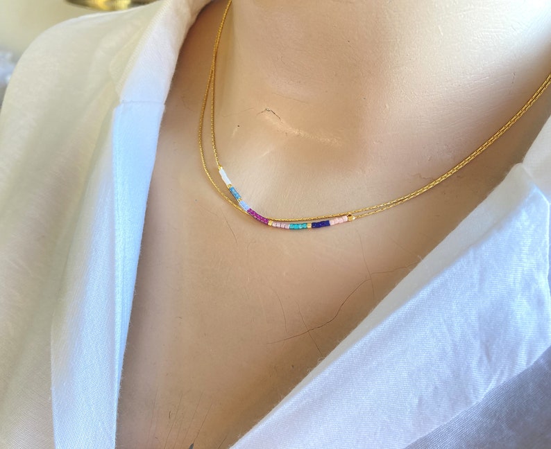Minimalist Gold Double Necklace,Tiny Delicate Dainty Necklace,Minimal Boho Necklace,Colorful Tiny Layered Necklace,Thin Beaded Necklace image 8