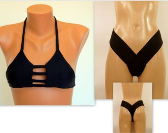 Black triangle bikini top hipster thong bottoms//Swimwear//Bikini set//Swimsuit//Plus size//Bathing suit