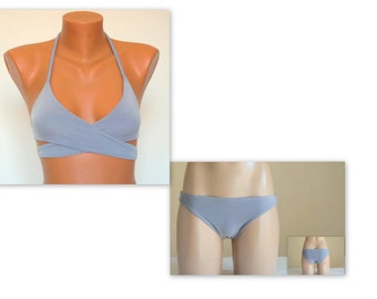 Gray padded wrap around bikini top full coverage bottoms//Swimsuit/Swimwear// Plus size//Bathing suit//70s clothing
