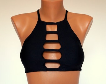 Black padded high neck halter bikini top//Swimwear//Plus size//Swimsuit//Bathing suit