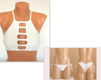 Blanc haut col licol bikini haut côté scrunch bottoms//Swimsuit//Plus size//Swimwear//Bathing suit