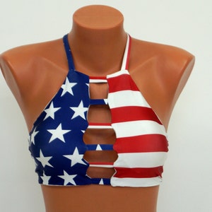 American flag high neck halter bikini top,Patriotic,Swimwear,Swimsuit,Bathing suits,Plus size,4th July