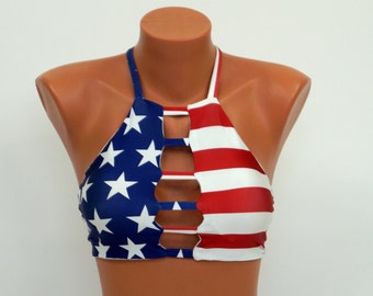 American flag high neck halter bikini top,Patriotic,Swimwear,Swimsuit,Bathing suits,Plus size,4th July