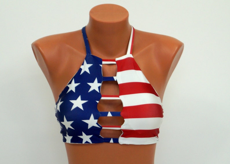 American flag high neck halter bikini top,Patriotic,Swimwear,Swimsuit,Bathing suits,Plus size,4th July