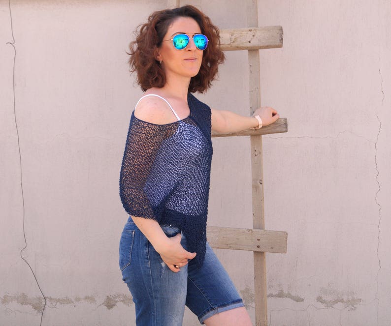 Blue poncho,Womens poncho,Hand Knit poncho,Navy blue poncho,Beach cover up,Loose Knit poncho,Birthday gift,Cotton Poncho,Summer poncho