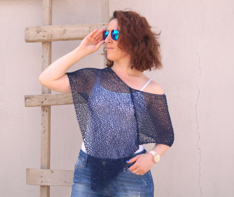 Blue poncho,Womens poncho,Hand Knit poncho,Navy blue poncho,Beach cover up,Loose Knit poncho,Birthday gift,Cotton Poncho,Summer poncho