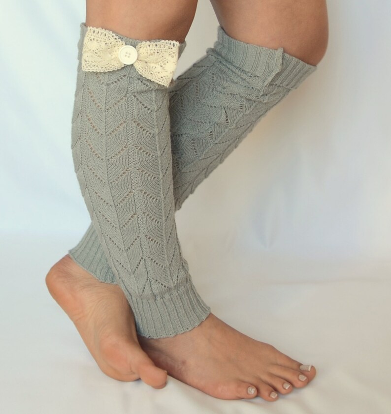 Gray leg warmers/Knit lace button & bow leg warmers/Over the Etsy