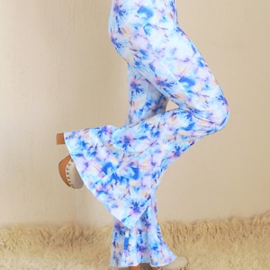 Blue tie dye print bell bottoms women,Flare pant ,Bohemian flare pant,Women leggings,70s clothing,Festival pant,Retro,High waist