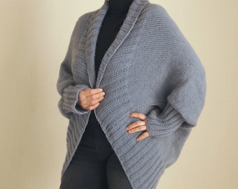 Gray hand knitted boho cardigan women,70s clothing,Cozy sweater,Maternity,Plus size