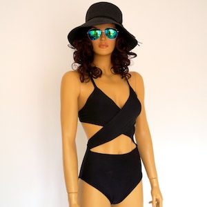 One piece swimsuit/Black wrap around one piece high waisted swimsuit/Bathing suits/Swimwear women/Plus size/Retro swimwear/