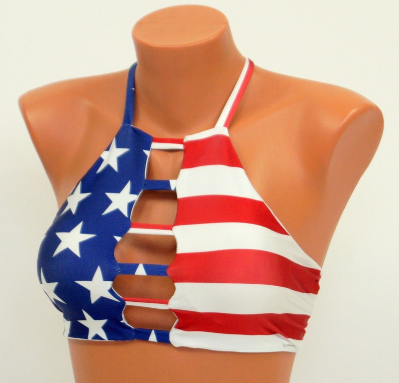 American Flag High Neck Halter Bikini Top Full Coverage Etsy