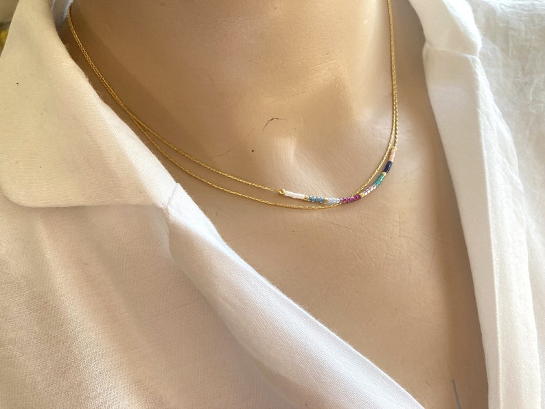 Minimalist Gold Double Necklace,Tiny Delicate Dainty Necklace,Minimal Boho Necklace,Colorful Tiny Layered Necklace,Thin Beaded Necklace image 3
