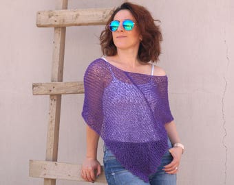 Purple poncho womens/Hand knit poncho/Summer poncho/Beach cover up/Loose knit/Cotton poncho/Capelet/Plus size/Wrap cover up/Bolero