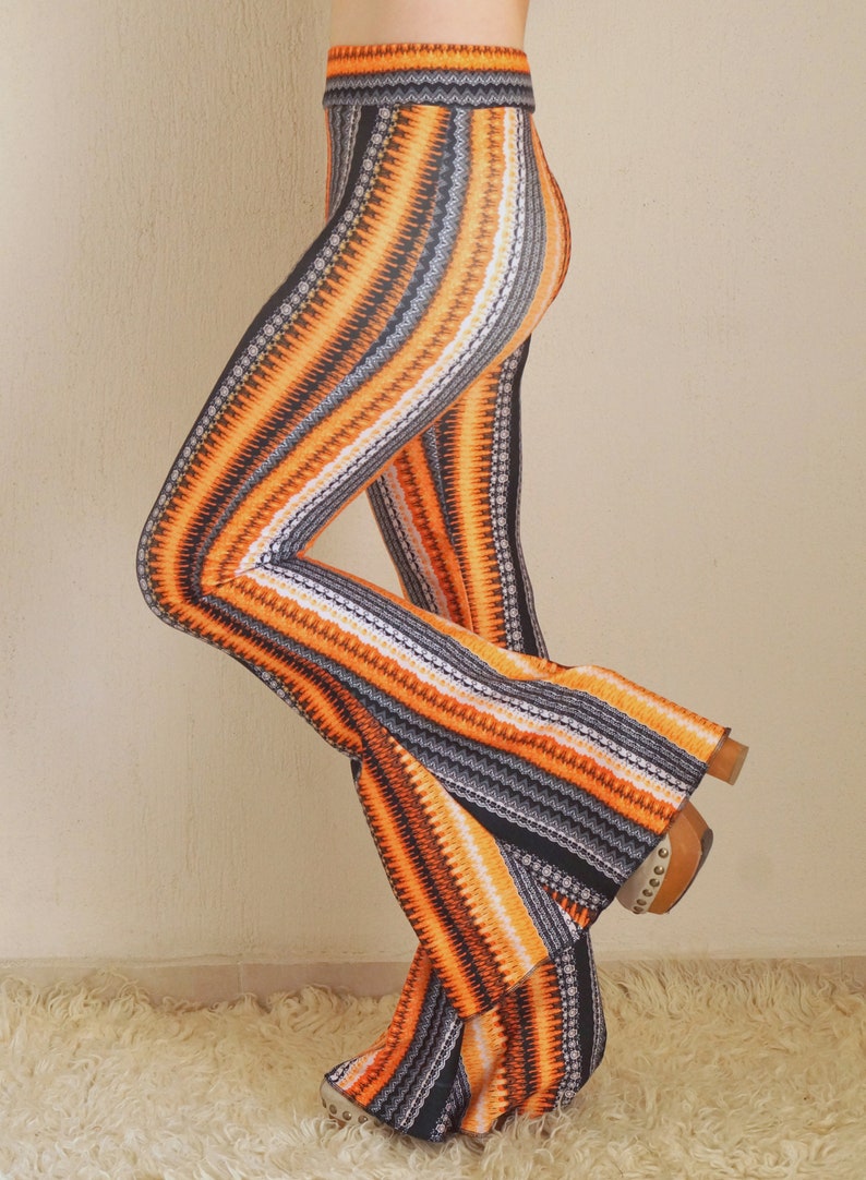 Orange boho stripe bell bottoms women,Flare,Boho,Women leggings,70's,Festival,Plus size,High waisted,Fall trend,Fall outfit,Back to school image 7