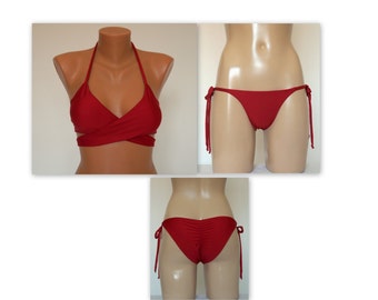 Red wrap bikini top tie side low rise scrunch bottoms//Plus size//Bathing suit//Swimwear//4th July