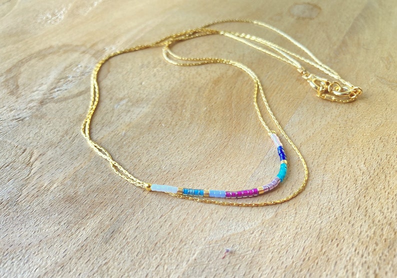 Minimalist Gold Double Necklace,Tiny Delicate Dainty Necklace,Minimal Boho Necklace,Colorful Tiny Layered Necklace,Thin Beaded Necklace image 6