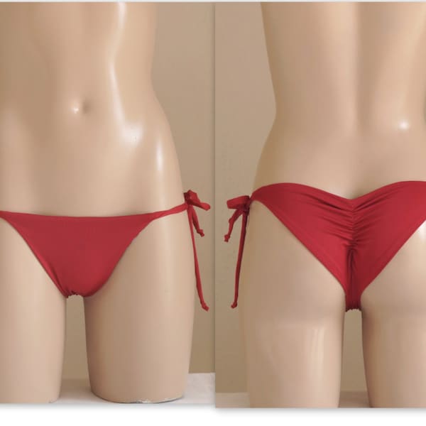 Red tie side cheeky runched bikini bottoms//Swimwear//Swimsuits//Bathing suits//Scrunch