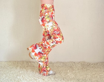 Orange floral bell bottoms women,Flare pant,Women leggings,70s clothing,Festival pant,Plus size clothing,Yoga Pant