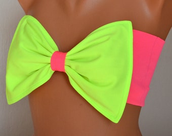 Bow padded Bandeu,Neon green and Neon pink bow bandeau bikini top,Swimsuits,Swimwear Women,Plus size,Bathing Suits