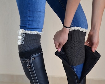 Charcoal Unique Knitted Buttoned Boot Socks With Lace Trim For Women -Stylish Gift Boot Cuffs-Christmas Gift-Cozy Boot Covers-Winter Socks