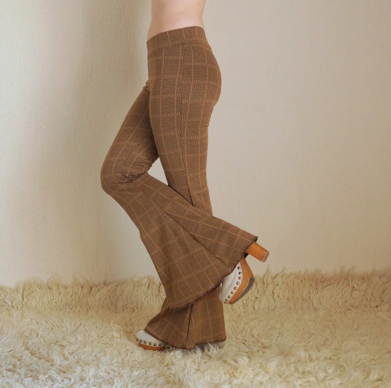 Brown plaid womens bell bottoms,Flare,Lggings,Plus size,Yoga,Boho,Retro,High waist image 6