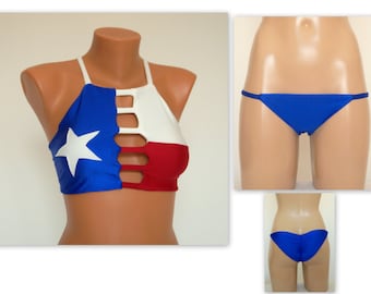 Texas Flag high neck halter bikini top scrunch butt cheeky bottoms//PLus size//4th July//Swimsuit//Bathing suit