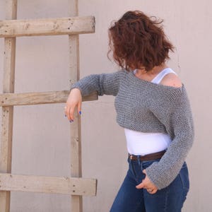 Hand knit sweater Gray Pullover Long sleeve sweater Oversized Plus size Christmas gift Off the shoulder Chunky sweater