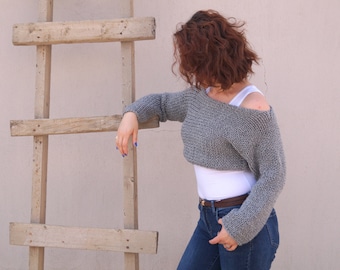Hand knit sweater Gray Pullover Long sleeve sweater Oversized Plus size Christmas gift Off the shoulder Chunky sweater