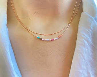 Rose Gold Minimalist Layered Double Necklace,Tiny Delicate Dainty Necklace,Minimal Boho Necklace,Colorful Tiny beads Necklace