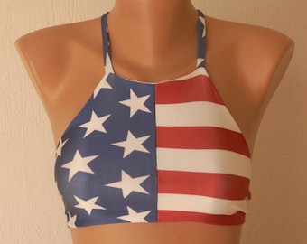 American flag bikini top/American flag high neck halter bikini top/Swimwear women/Swimsuits plus size/Bathing suits/Festival top/4th July