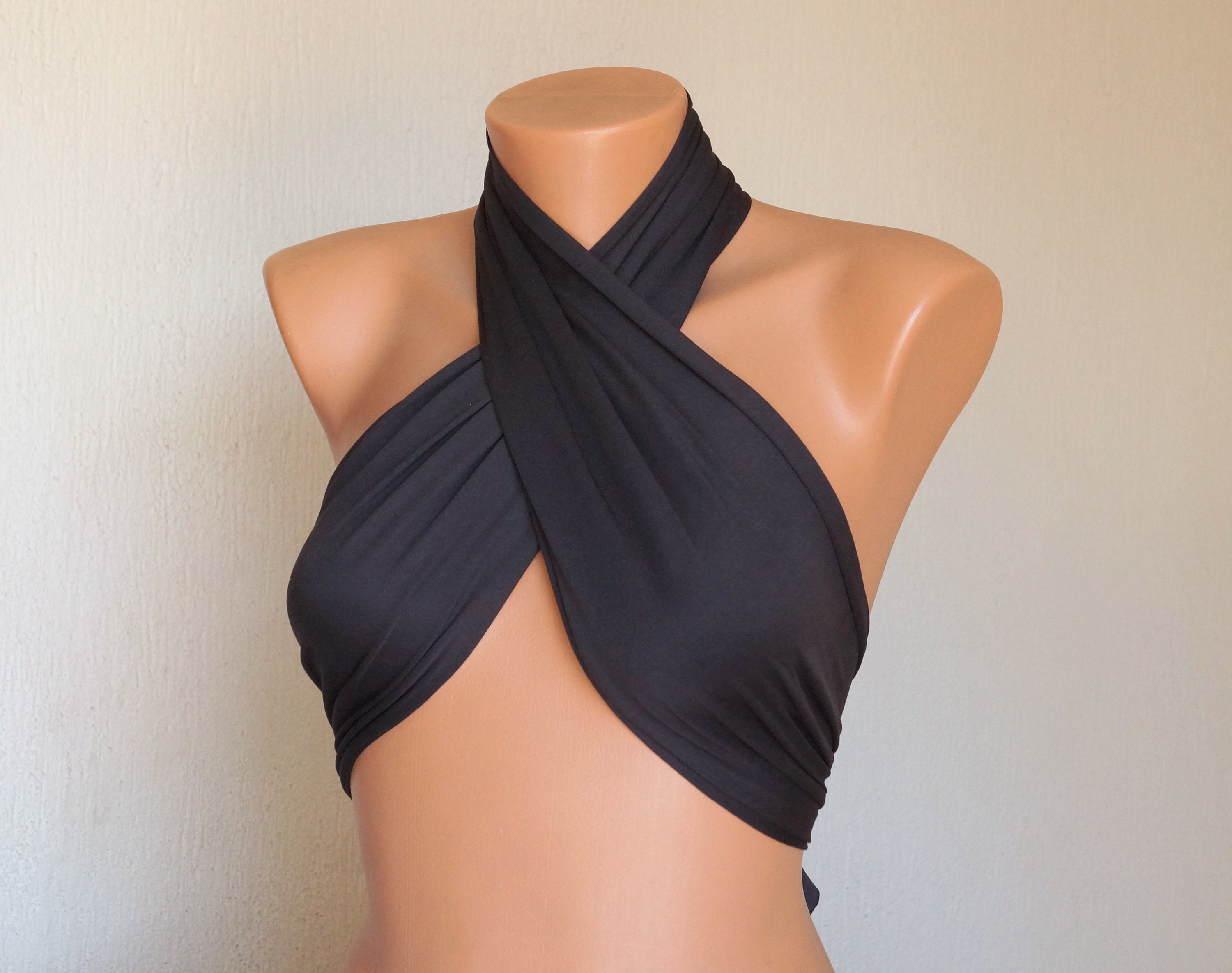 Black Multiway Halter Wrap Top // Cross Neck // Bikini Top // Crop Top  //70s Clothing //versatile Tied 