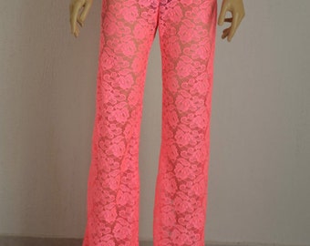 Neon pink crochet lace boho beach pant//Yoga//Plus size//Festival//Beach lounge pant//Women leggings//Bell bottoms