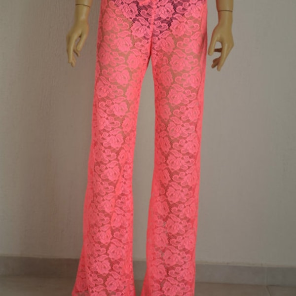 Neon pink crochet lace boho beach pant//Yoga//Plus size//Festival//Beach lounge pant//Women leggings//Bell bottoms