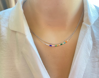 Silver Minimalist Layered Double Necklace,Tiny Delicate Dainty Necklace,Minimal Boho Necklace,Rainbow Tiny beads Necklace