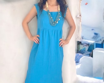 Boho Dress Women,Blue Gauze Dress,Hand Made Dress,Maternity Dress,Beach Dress,Bohemian Dress,Boho Maxi Dress,Cotton Boho Dress
